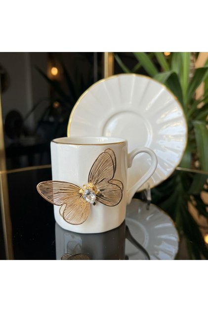 Flora Luxe Series Gold-Trimmed Porcelain Coffee Cup & Saucer – 4 Models with Floral and Butterfly Details
