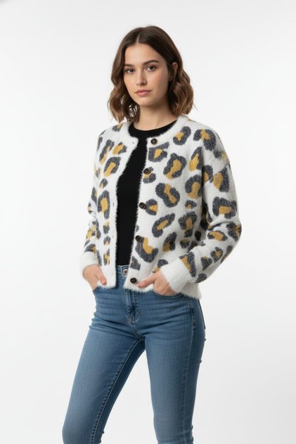 Leopard Print Bearded Knitwear Cardigan Bone