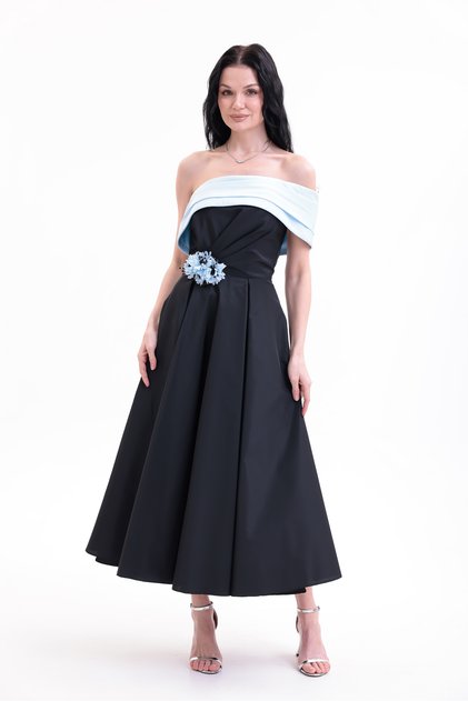 Tafta Çiçek Detaylı Off-Shoulder Premium Abiye Elbise