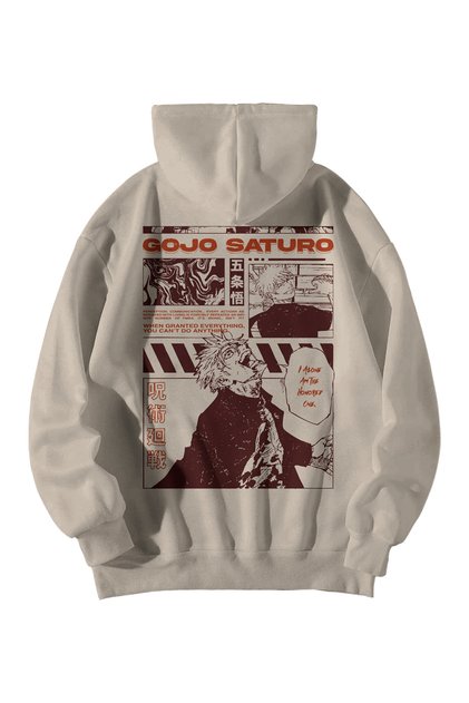 Unisex Krem Oversize Hoodie - Gojo Saturo Anime Baskılı 3 İplik Şardonlu Streetwear Sweatshirt