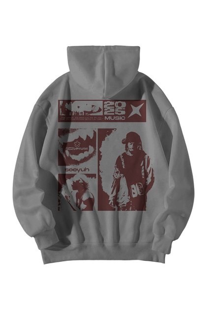 Unisex Anthracite Oversized Hoodie - Playboi Carti I Am Music 2025 Printed 3 Thread Åž Fleece-Lined Sweatshirt