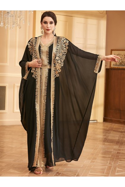 Women Sequin Patch Detail Belted Dress with kimono Set