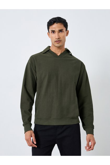 Men Olive Green Cotton Terry Sweatshirt