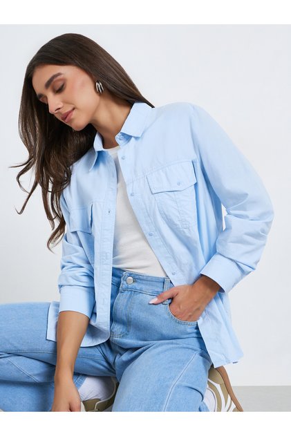 Women Light Blue Long Sleeve Oversized Shirt