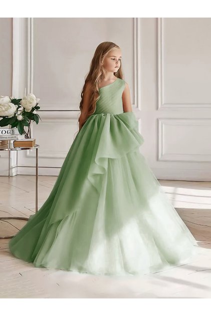 Girls Green Mesh One Shoulder Maxi Dress