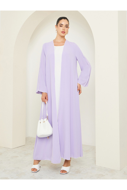 Women Lilac Front Open Abaya with Contrast Piping