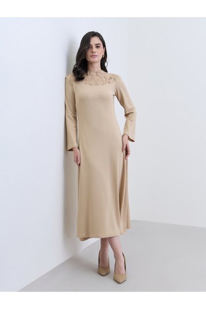 Women Beige Lace Detail Long Sleeves Midi Dress