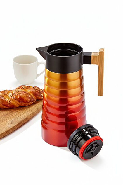 2 Liter Steel Thermos with Bamboo Handle Red Yellow