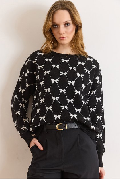 Women's Black Fiyok Baklava Patterned Knitwear Sweater Kzk-19001123