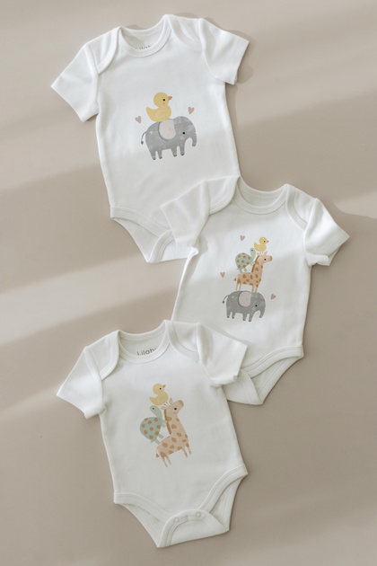 100% Organic Cotton 3-Piece Printed Short Sleeve Baby Body Elephant