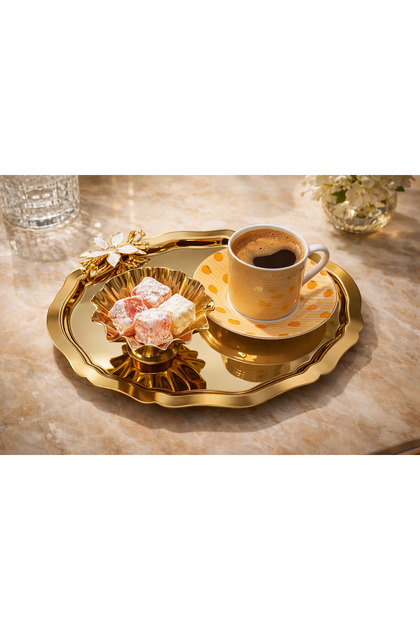 Single-Sided Gold 6-Piece Stainless Steel Oval Mini Daisy Tea Coffee Presentation Promise Engagement Tray 20X25 cm