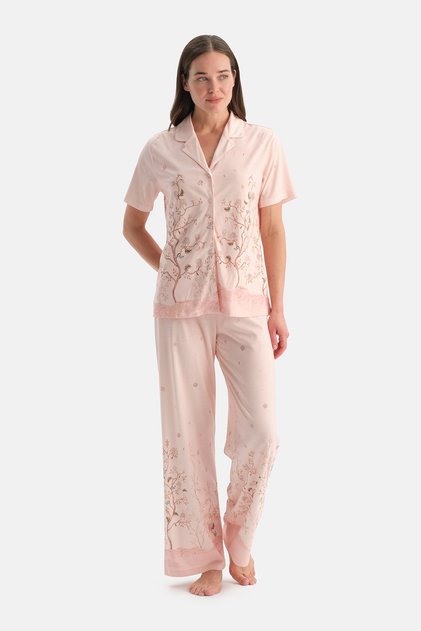 Light Pink Floral Cotton Modal Shirt Pajama Set