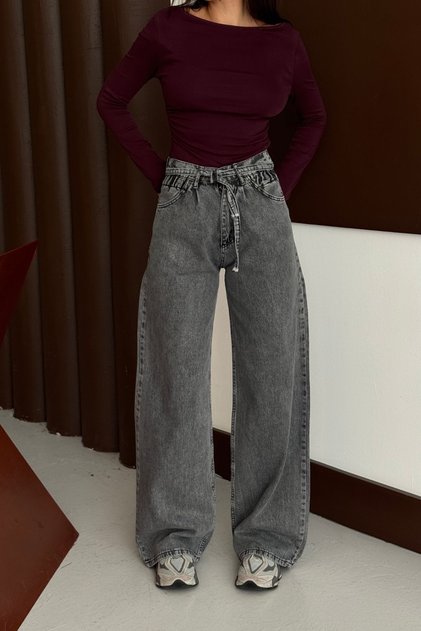Women's Smoked Baggy Jeans with Tie Detail and Wide Legs