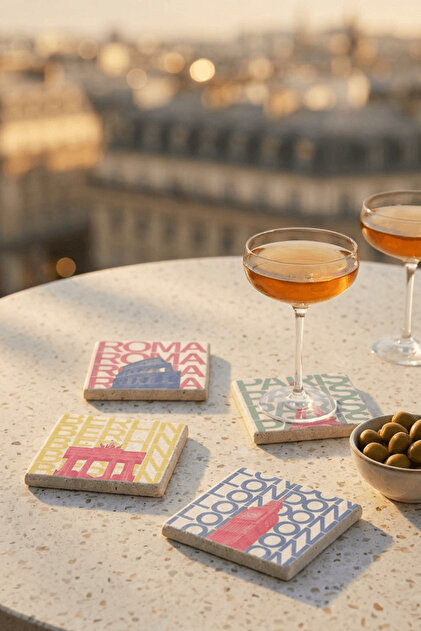 Paris, Rome, London and Berlin Themed Natural Stone Travertine Coasters Stone Coasters Set of 4