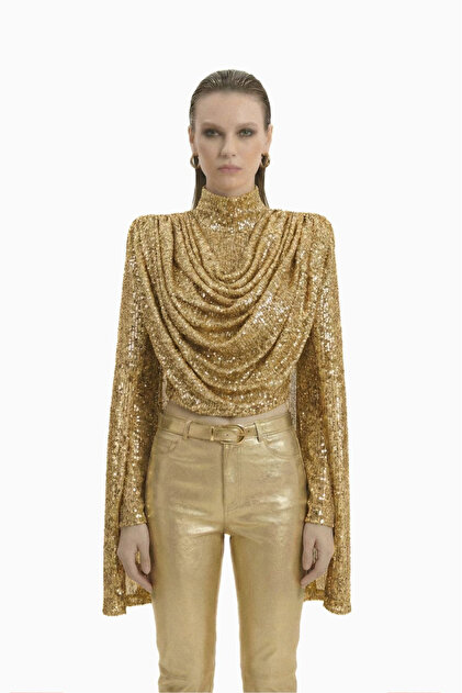 Gold Payetli Şal Detaylı Bluz