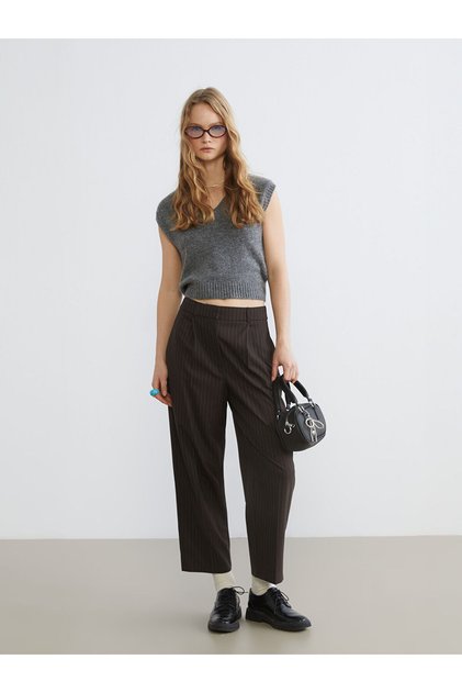 XSIDEKahverengi Loose Fit Çizgili Kadın Pileli Pantolon