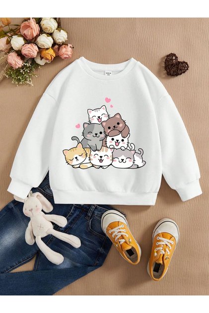 Bulk Cat Printed Girls Winter Children's Sweatshirt White