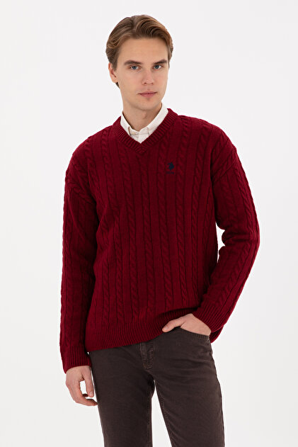 U.S. Polo Assn. Erkek Bordo Comfort Fit V Yaka Kazak 50315038