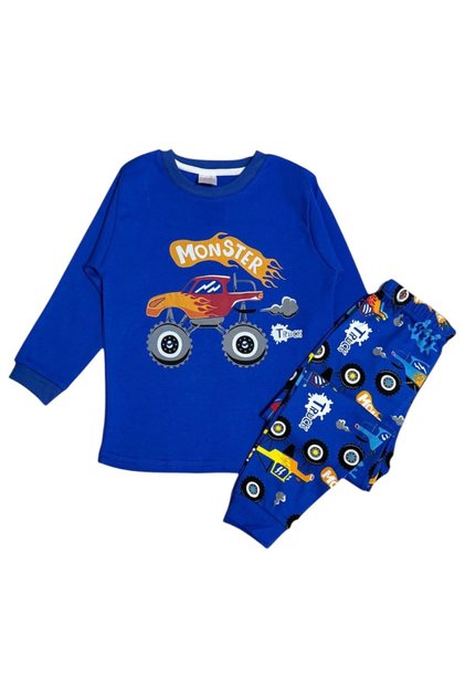 Boy's 100% Cotton Fabric Blue Color Car Cip Car Patterned Long Sleeve Winter Pajama Set