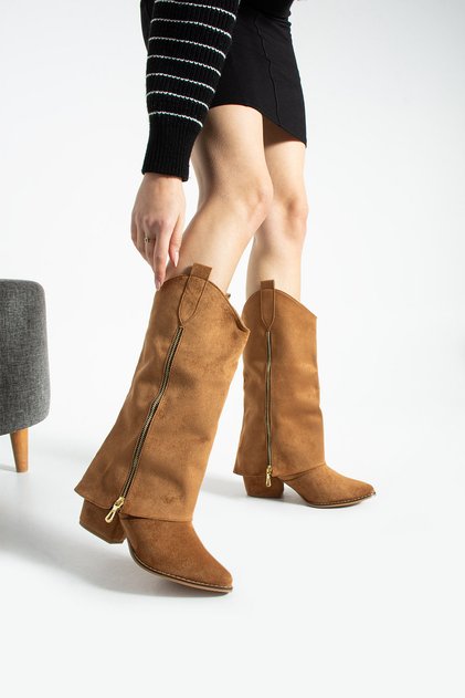 Diva Tan Suede 6 cm Heeled Boots with Zipper Detail and Dust Cover