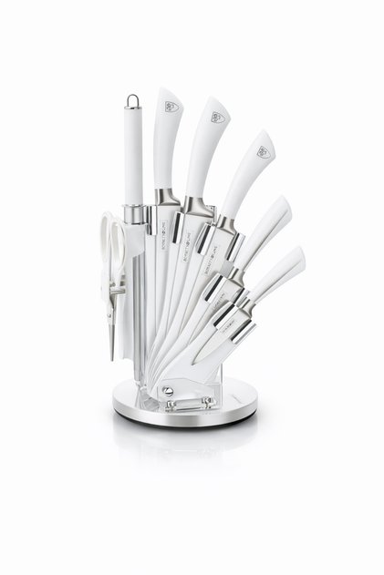 Set cutite bucatarie Royalty Line, 8 piese, inox, suport rotativ 360°, alb