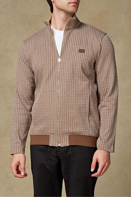 Edon Knitted Fabric Cotton Modern Fit Brown Mock Neck Men's Striped Sweatshirt