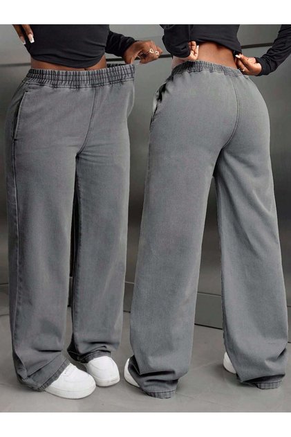 Women's Gray Elastic Waist Wide Leg Denim Pants