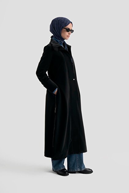 Armine TREND Gizli Fermuarlı Belden Kuşaklı Dik Yaka Giy Çık Siyah