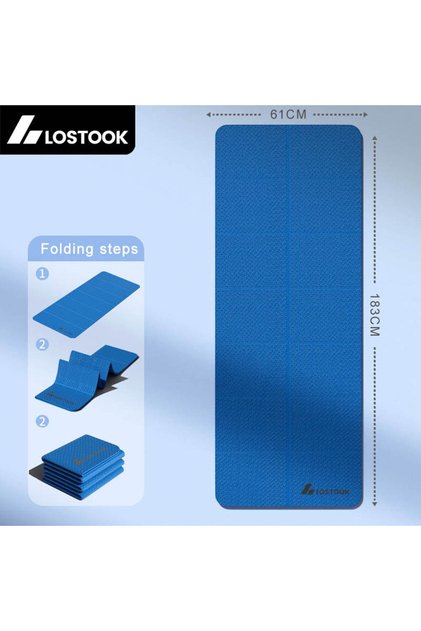 Blue 4mm Thick TPE Foldable Yoga Mat 183*61cm Easy Storage for Travel Yoga Pilates Home Exercise Flo