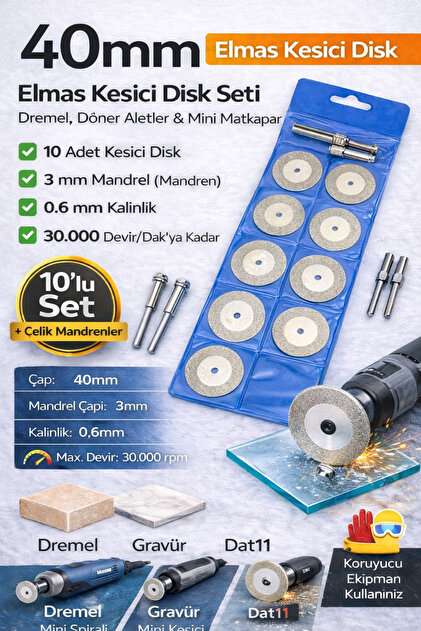 40 mm Elmas Kesici Disk Seti | Mini Matkap & Dremel Uyumlu | Cam Seramik Metal Kesme | 10’lu Set