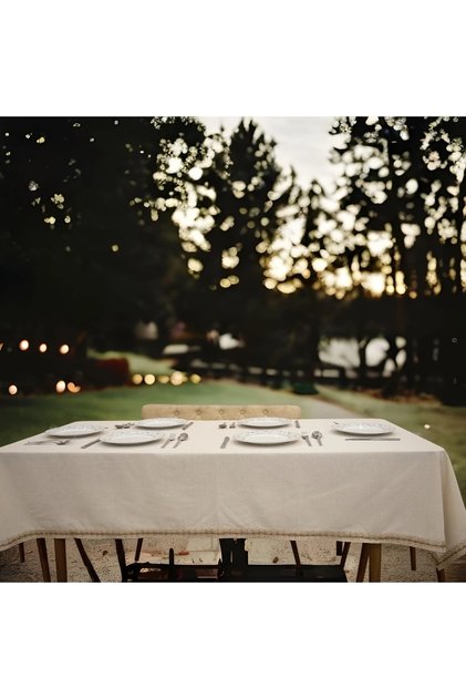 Organic Raw Linen Cream Jute Lace Tablecloth