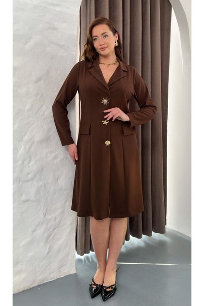 Women's Plus Size V-Neck Seashell Brooch Long Sleeve Stretchy Midi Evening Dress 25101