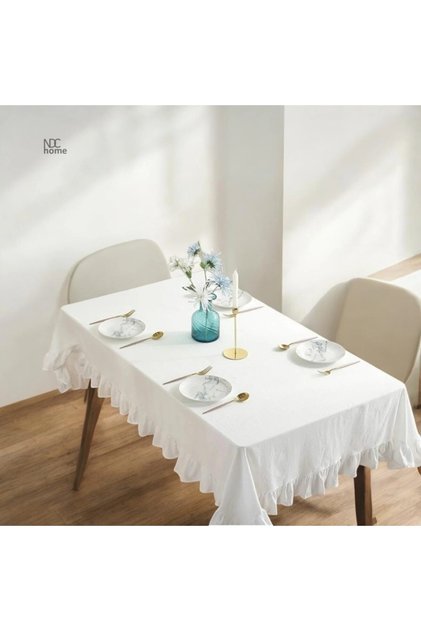 Premium Linen White Ruffled Table Cloth