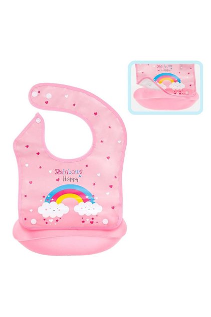 Baveta de culoare roz, cu model curcubeu si capse laterale. Cu colector de alimente roz usor de inde