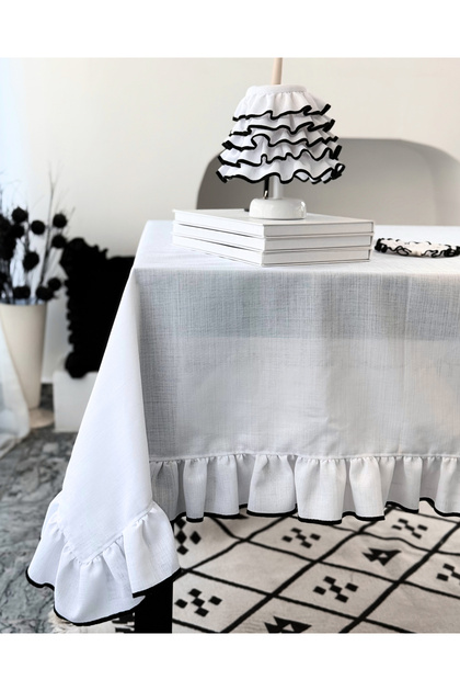 Shine Ruffled Linen Embroidery Detailed Tablecloth 180X280Cm