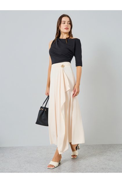 Women Beige Solid Wrap Midi Skirt with Metallic Accents
