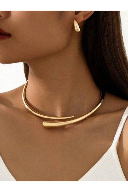 Women Metal Collar Necklace and Earrings Set