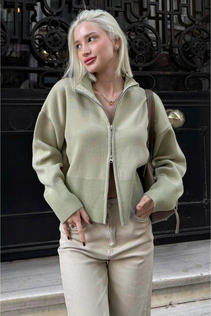 Mint Green Double Zipper Mock Neck Women's Knitwear Cardigan Sh348