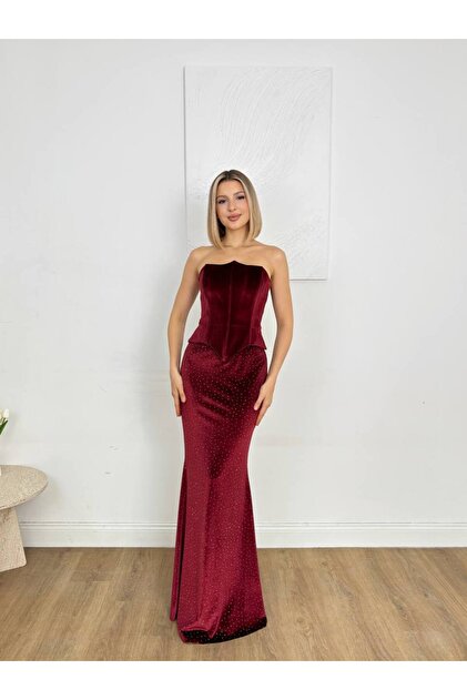 BEAUTY FASHON Women's Velvet Stone Embroidery Detailed Strapless Evening  Dress & Graduation Dress- Trendyol