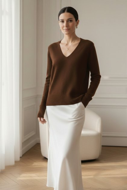 V-Neck Brown Knitwear Sweater