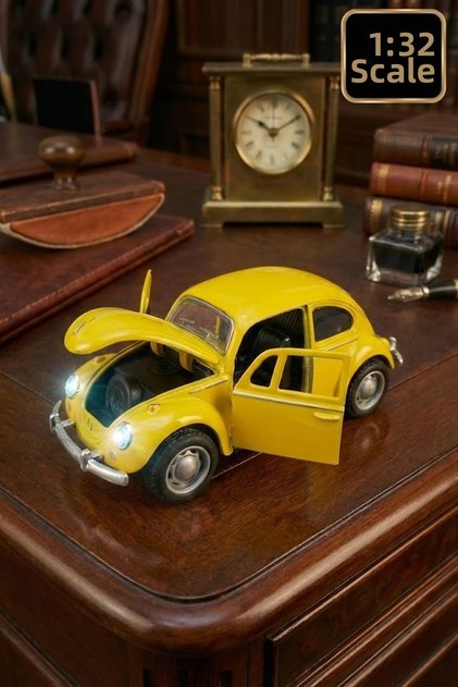 Pull-Back Beetle Vosvos Car 1:32 Scale Model with Sound and Light, Opening Doors - Yellow