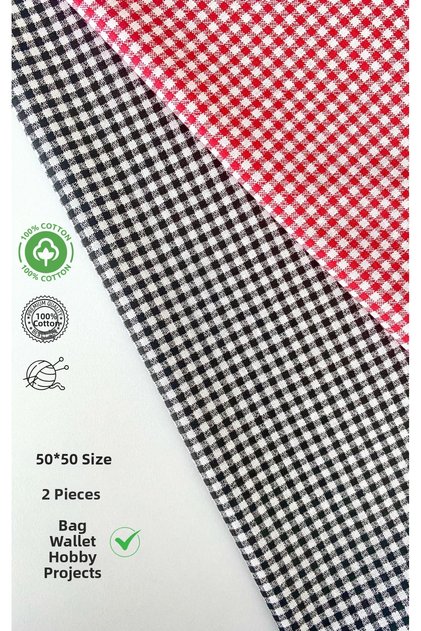 2 Pieces 50 cm Red Black Gingham Patterned Cotton Fabric for Bags, Wallets, Hobby Work
