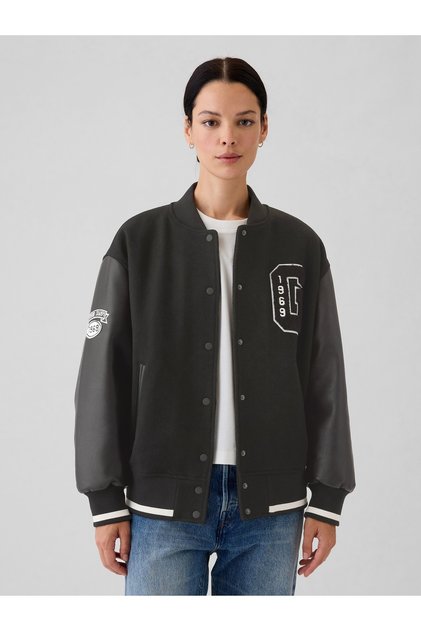Kadın Siyah Yün Varsity Logo Boyfriend Ceket