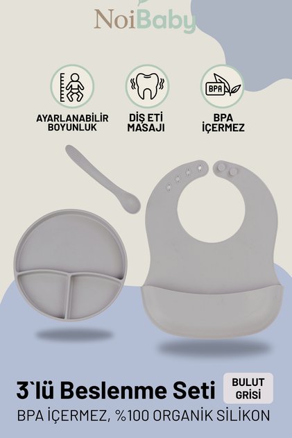 Gri 3’Lü Silikon Yemek Seti – Önlük + Diş Kaşıyıcılı Kaşık + Vakumlu Tabak