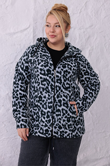 Women's Plus Size Warm Leopard Fleece Hooded Zippered Sweatshirt