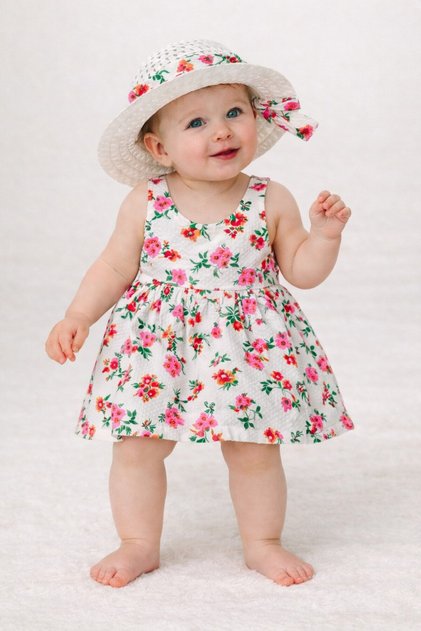 Sweet Floral Print Baby Girl Dress with Hat and Bow