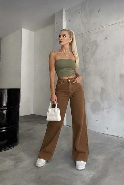 Loiss Brown Lycra Super High Waist Loose Jeans Palazzo Pants. (Super High)