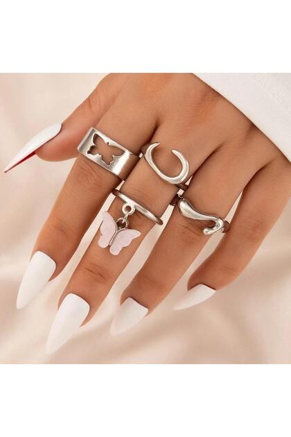 Set de 4 inele argintii, cu fluture, Thrine C5