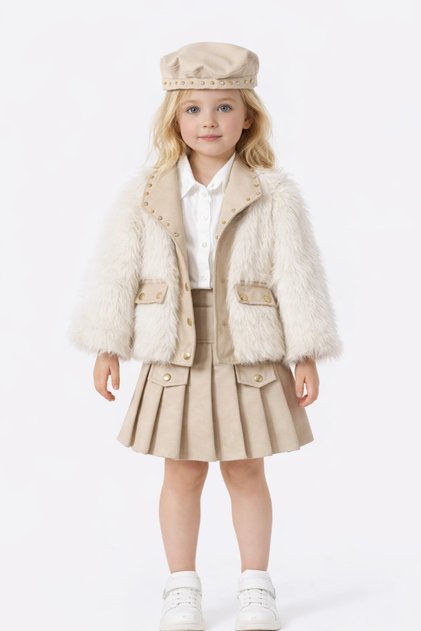 Girl's Fur Leather Skirt 4-Piece Cream Set