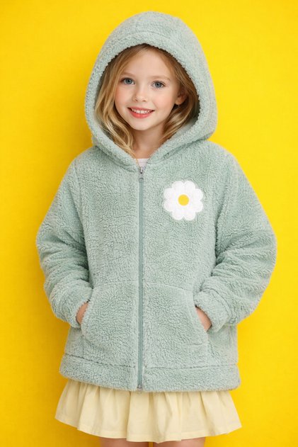 Warm Green Plush Jacket for Kids, Flower Motif